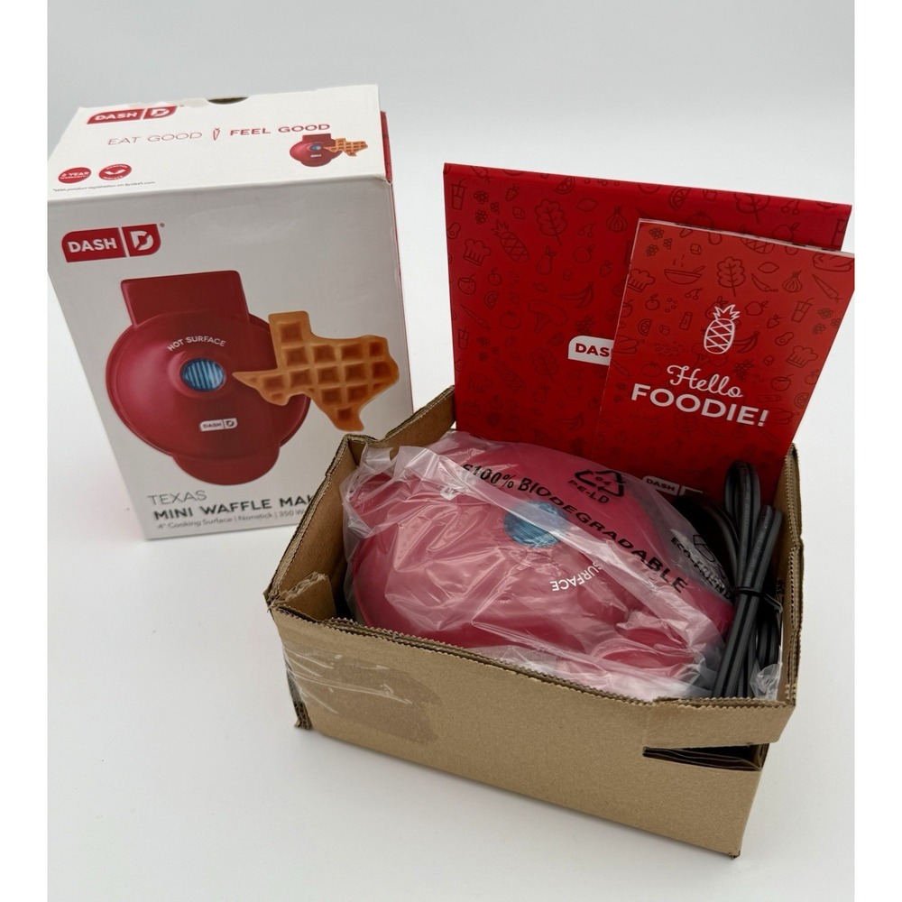 Dash Texas Mini Waffle Maker DMWT001RD Red 4" Nonstick Open Box Unused 350W